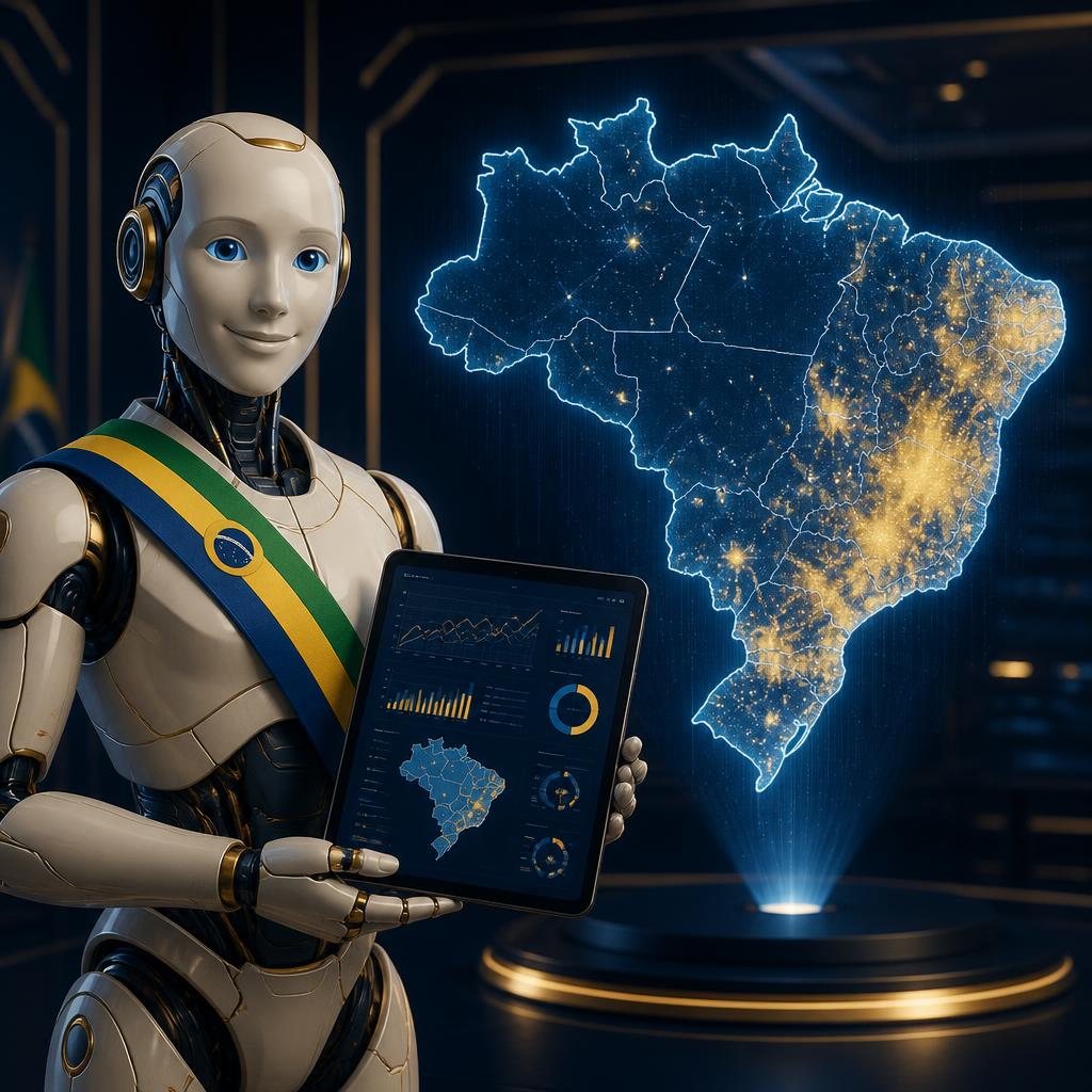 Robô Candidato apresentando dashboard de campanha e mapa holográfico do Brasil